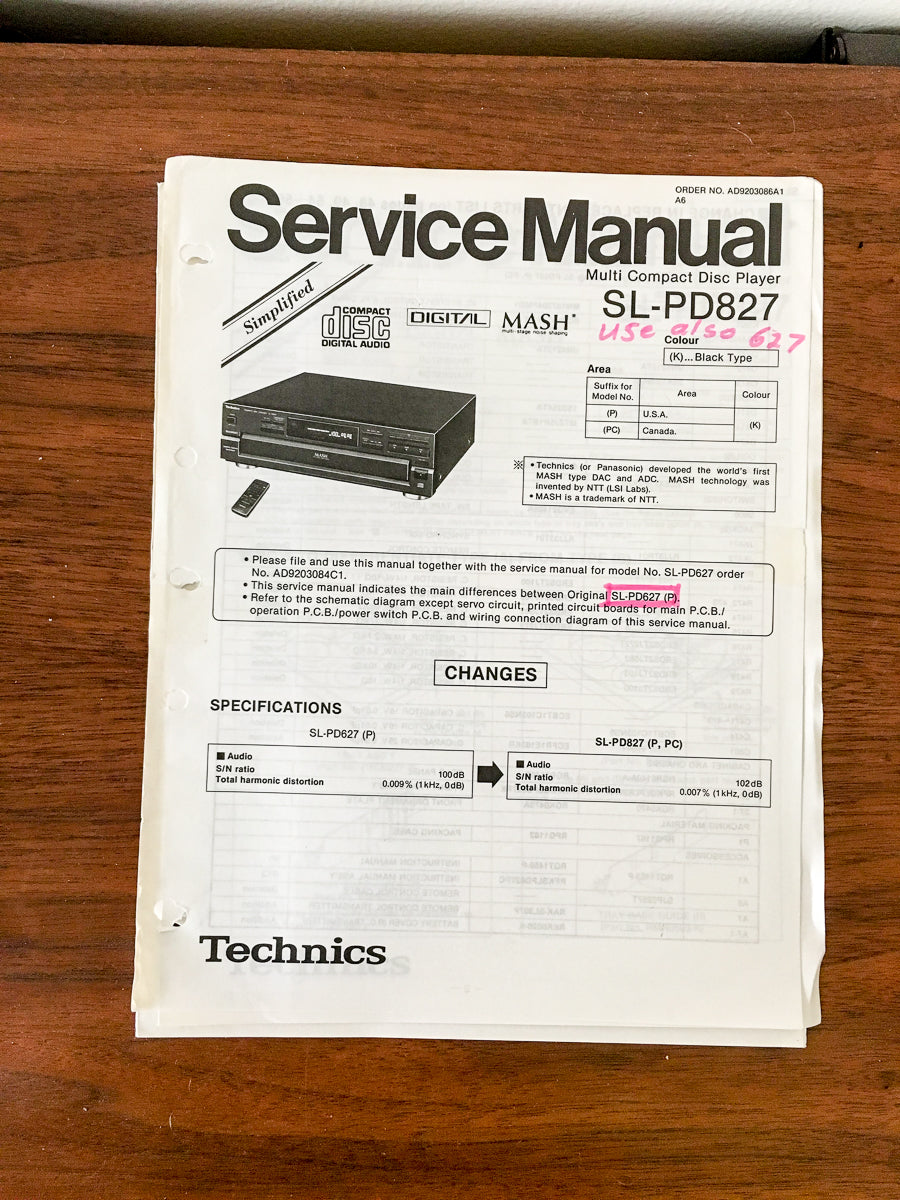Technics SL-PD827 CD Player Service Manual *Original*