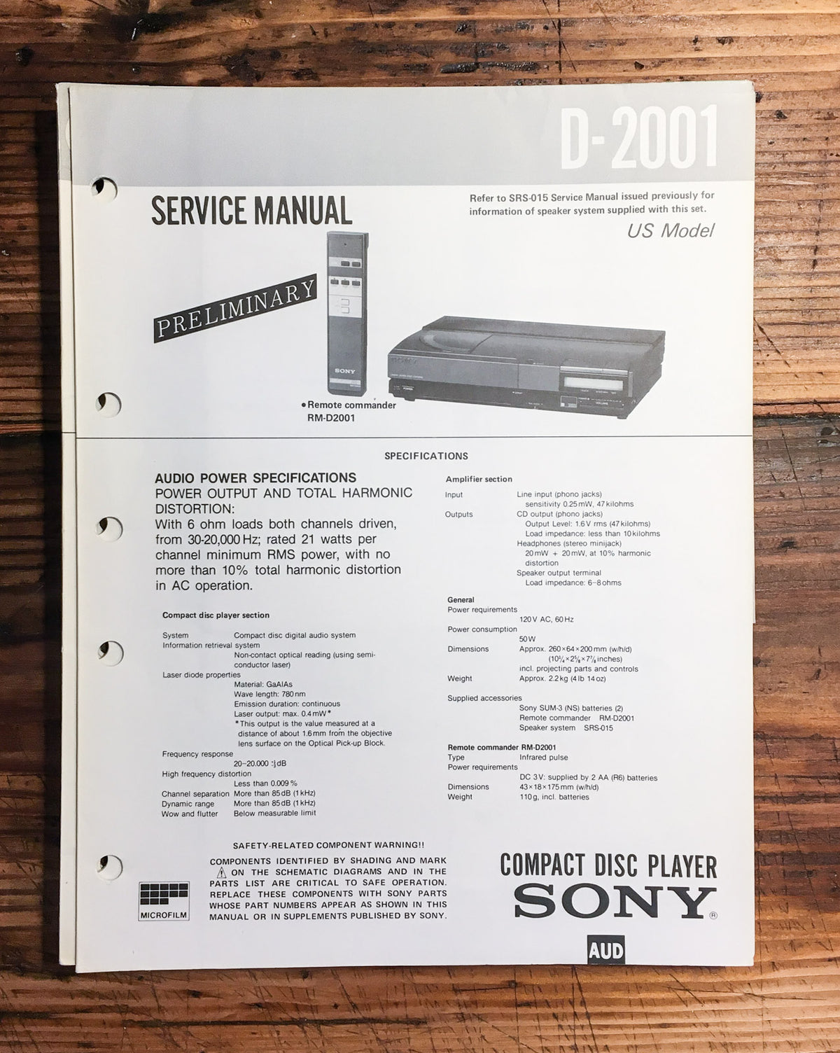 Sony D-2001 CD Player Prelim. Service Manual *Original* #2