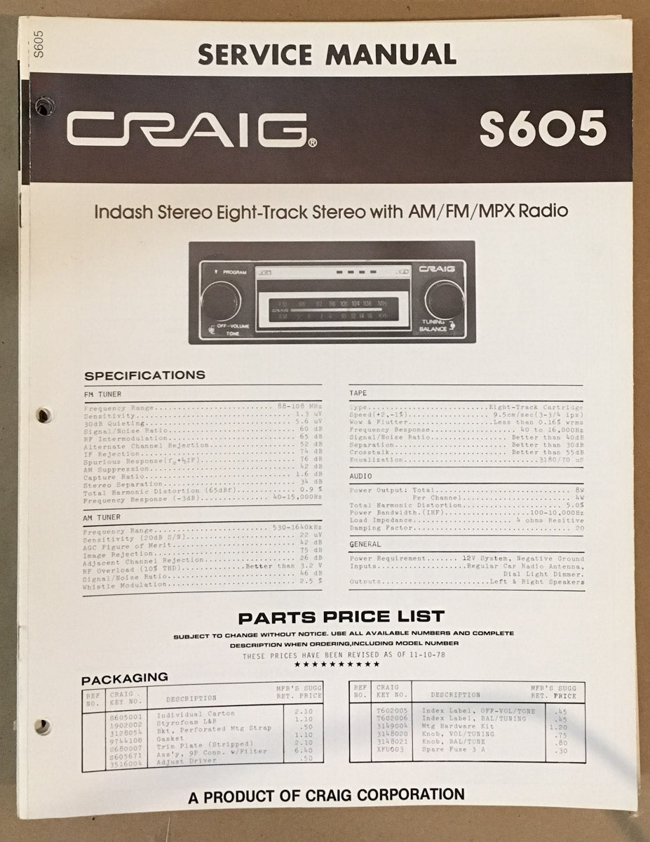 Craig Model S605 Car Stereo Service Manual *Original* Vintage Audio