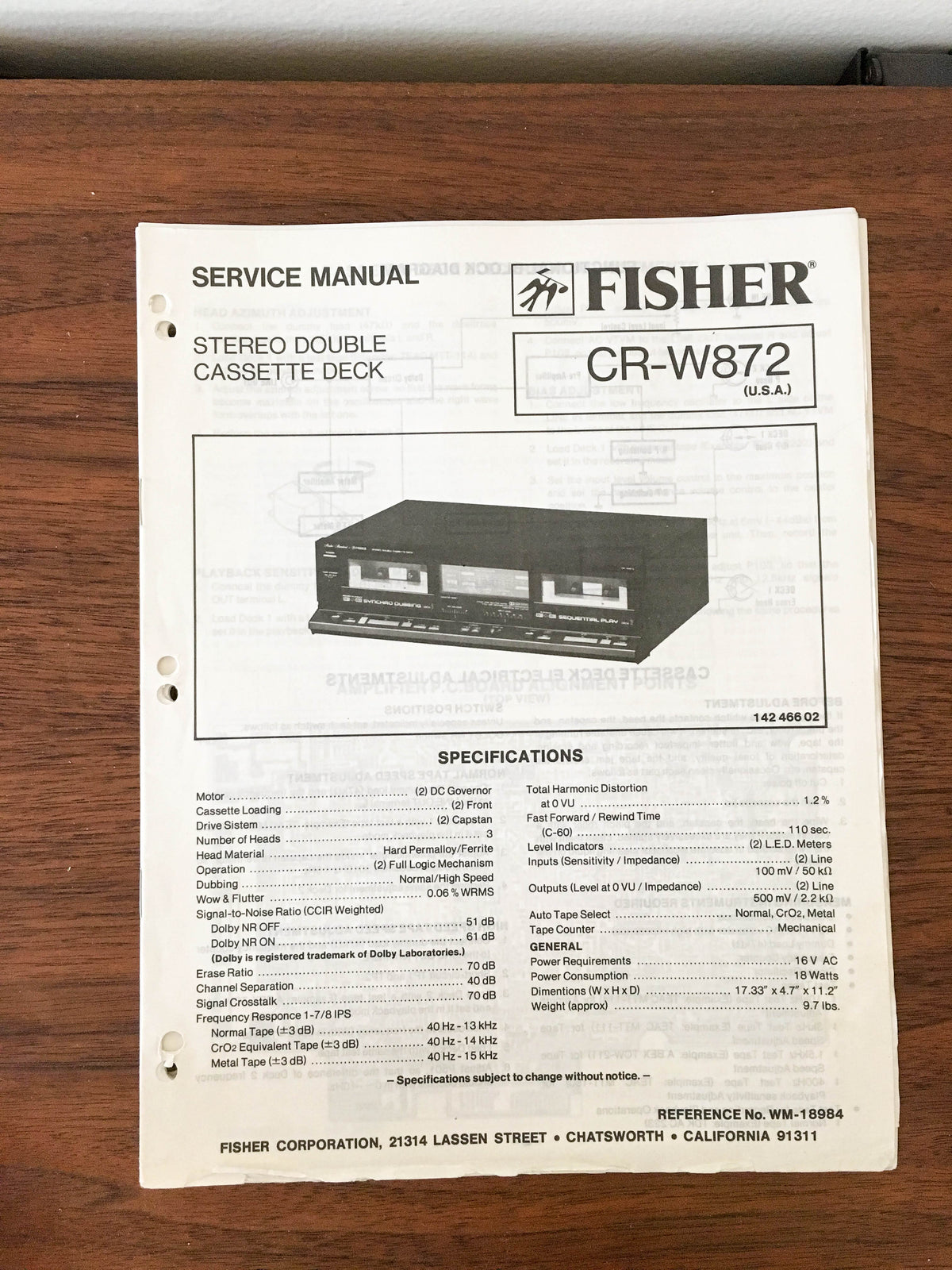 Fisher CR-W872 Cassette Service Manual *Original*