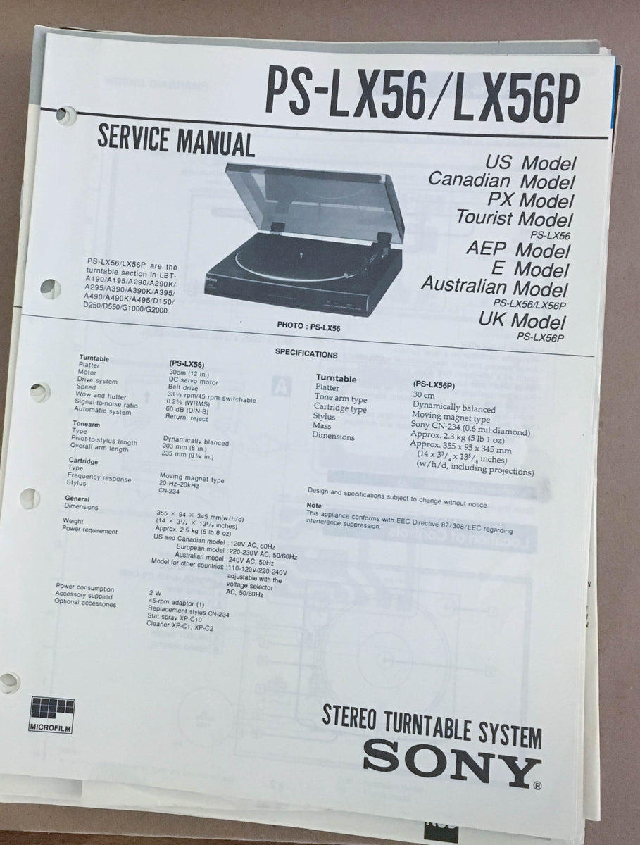 Sony PSLX56 LX56P Turntable Record Player Service Manual *Original