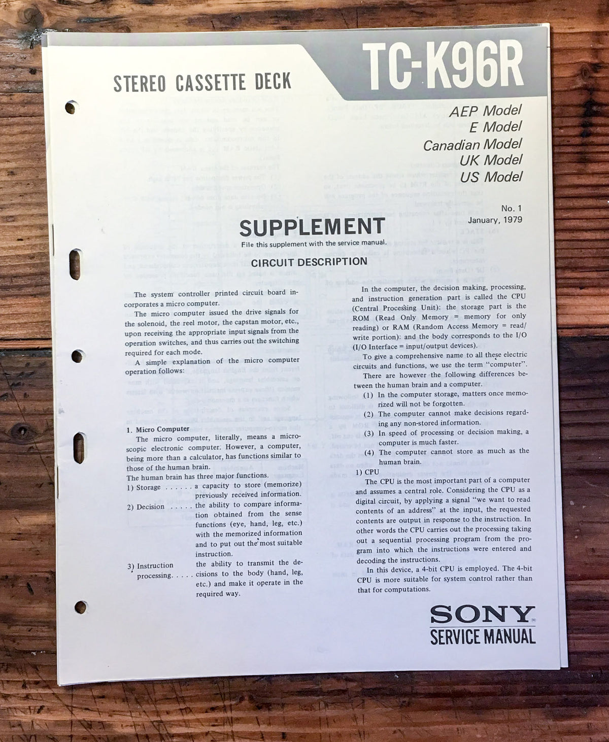 Sony TC-K96R Cassette Deck Service Manual Supplement *Original*