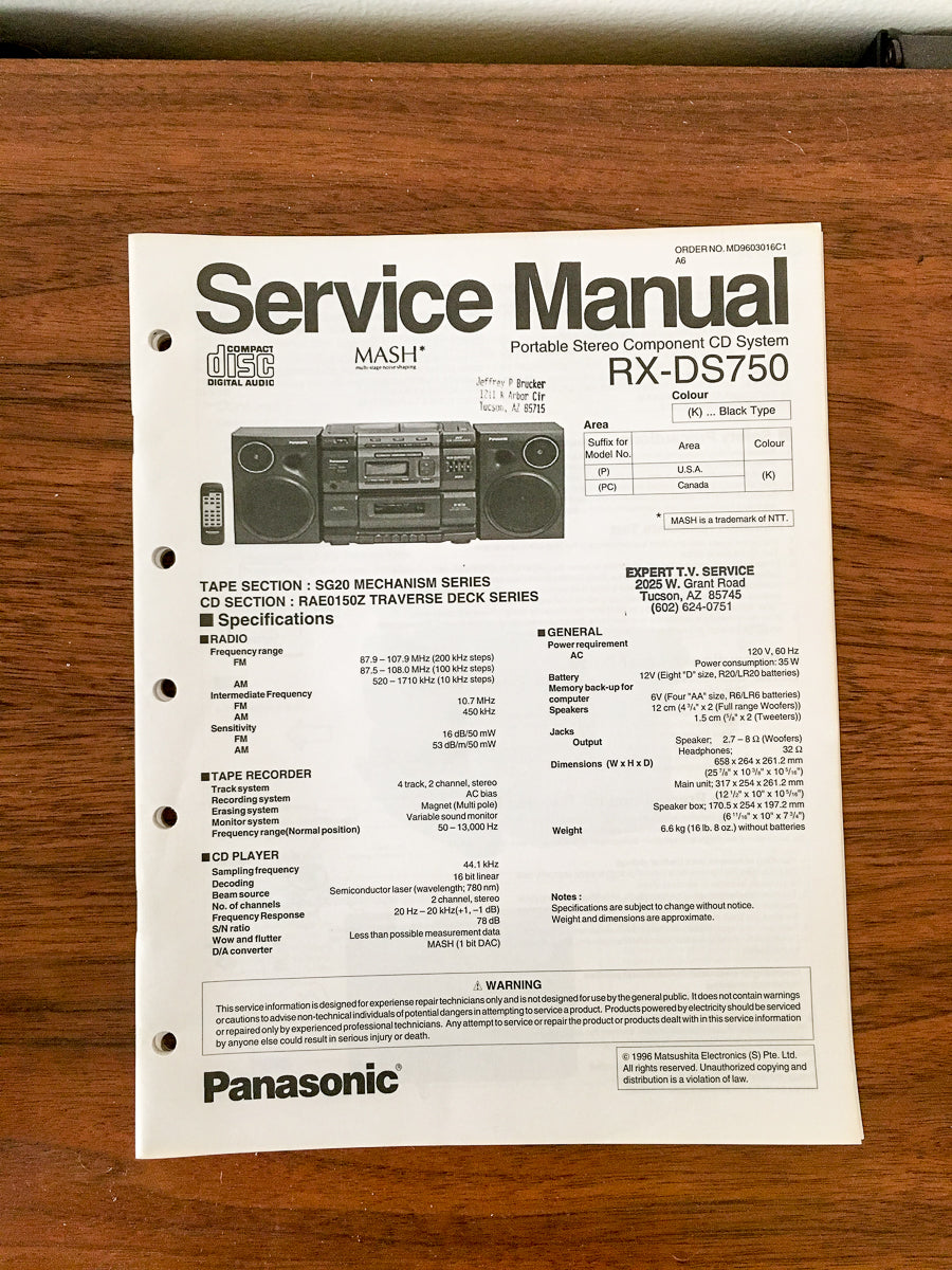 Panasonic RX-DS750 Radio Cassette Service Manual *Original*