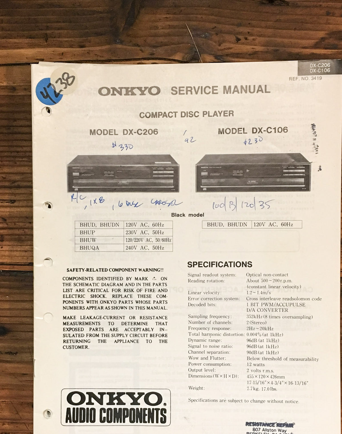 Onkyo DX-C206 DX-C106 CD Player Service Manual *Original*