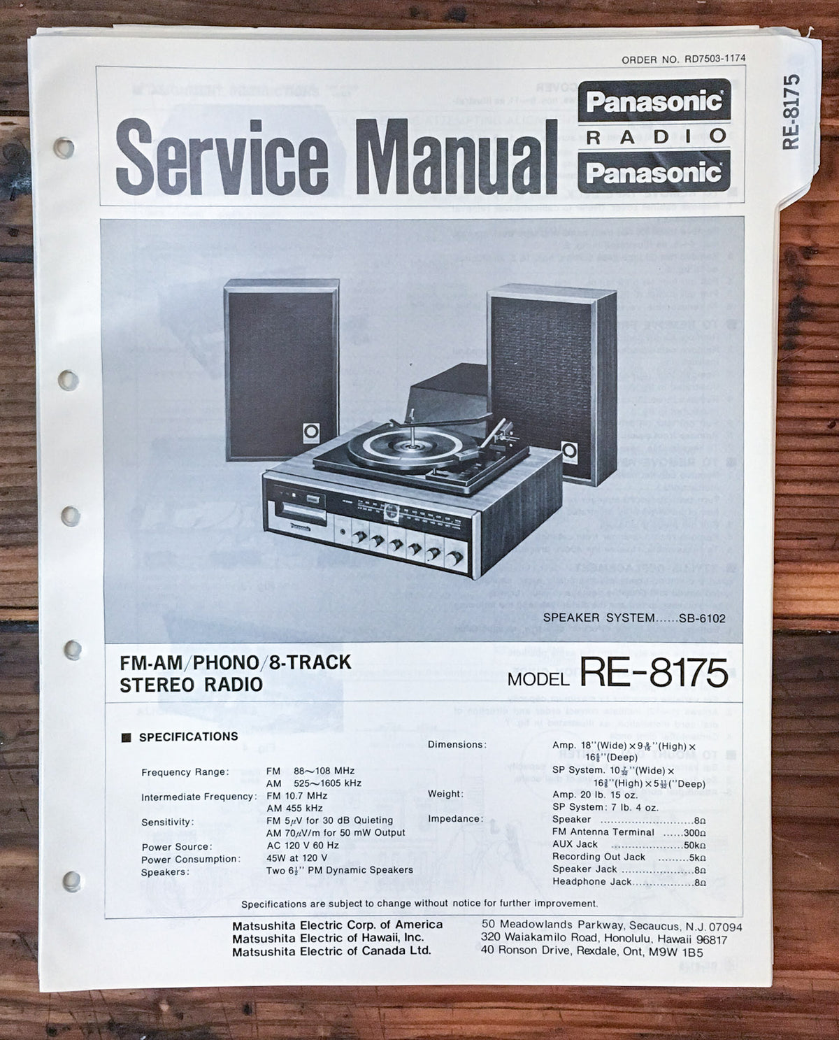 Panasonic RE-8175 Radio Service Manual *Original*