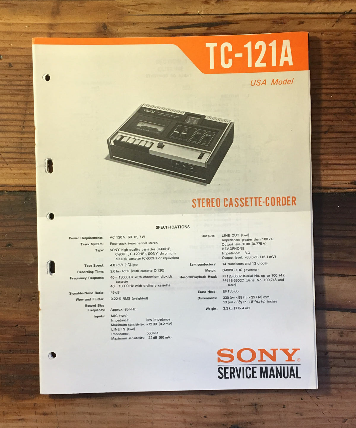 Sony TC-121A Tape Player Service Manual *Original*