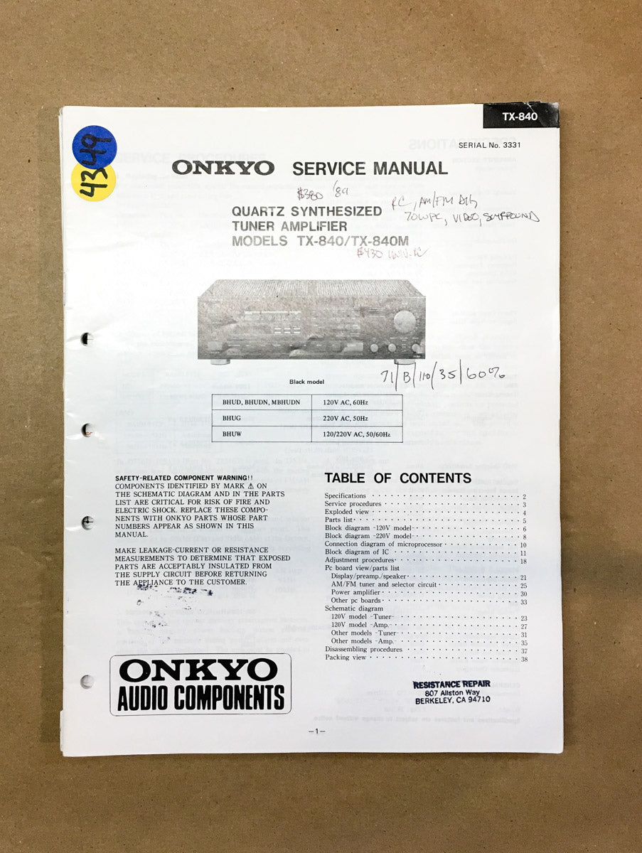 Onkyo TX-840 Stereo Receiver Service Manual *Original*