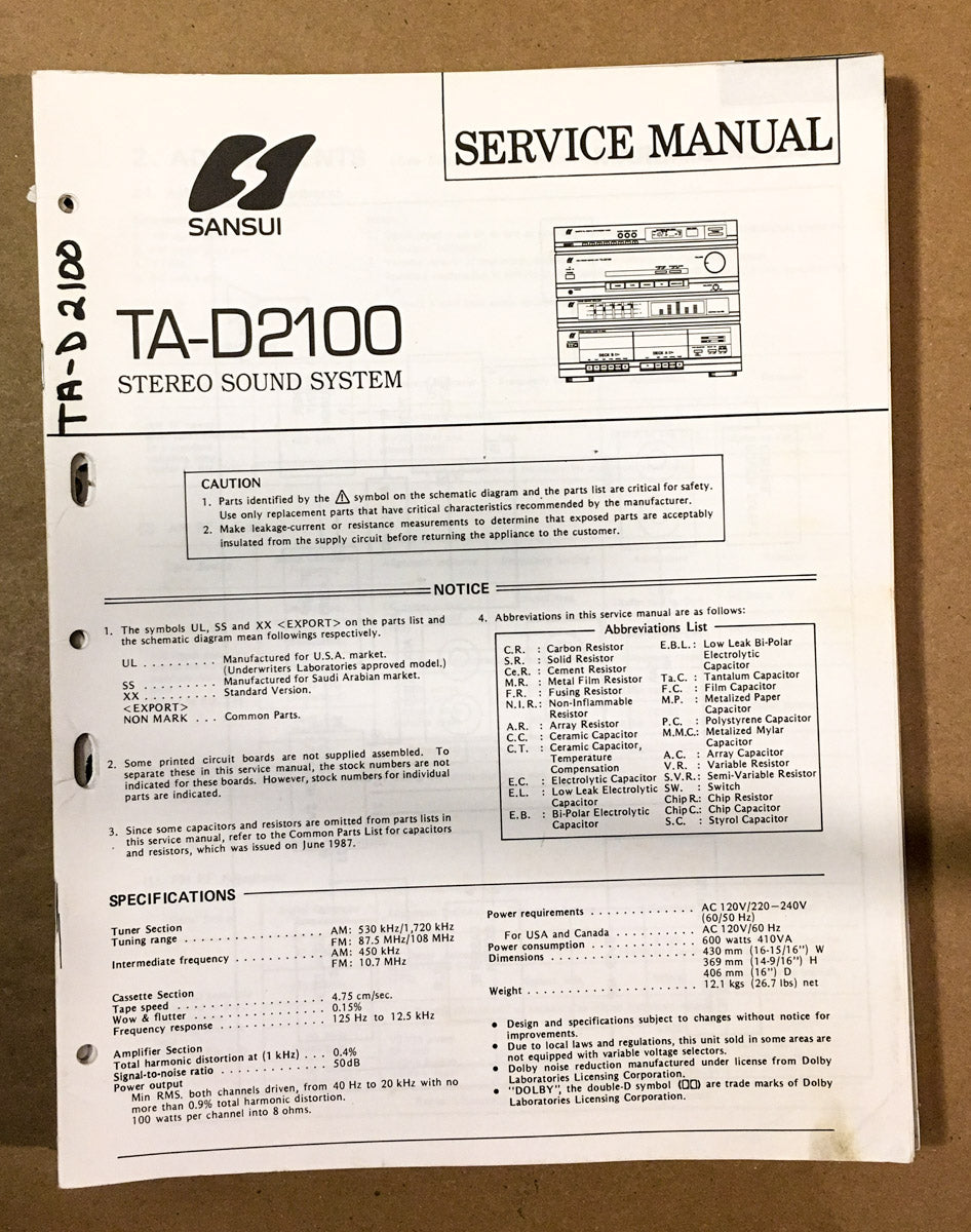 Sansui TA-D2100 Stereo Service Manual *Original*