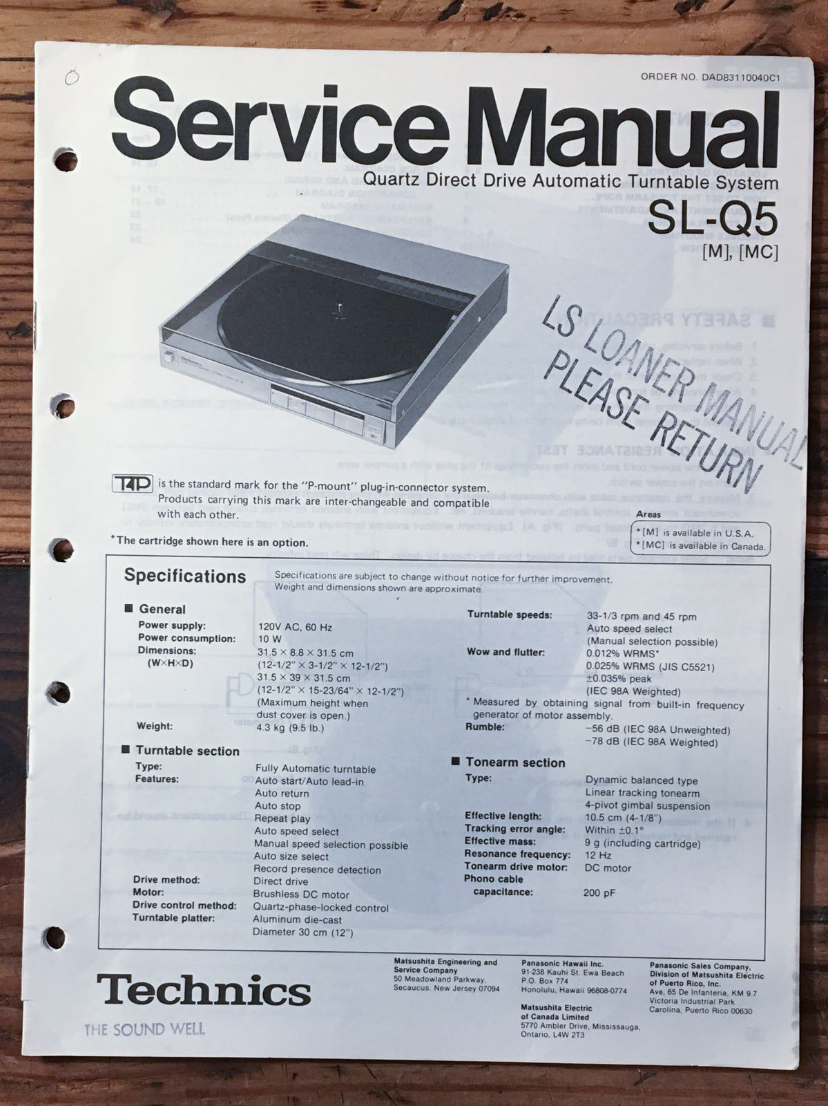 Technics SL-Q5 Record Player / Turntable Service Manual *Original*