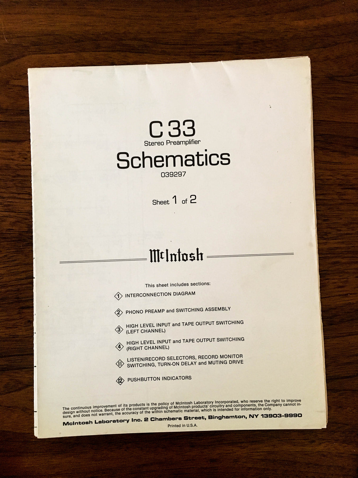 McIntosh C33 / C-33 Preamplifier Fold out Schematics 1 of 2 *Original*