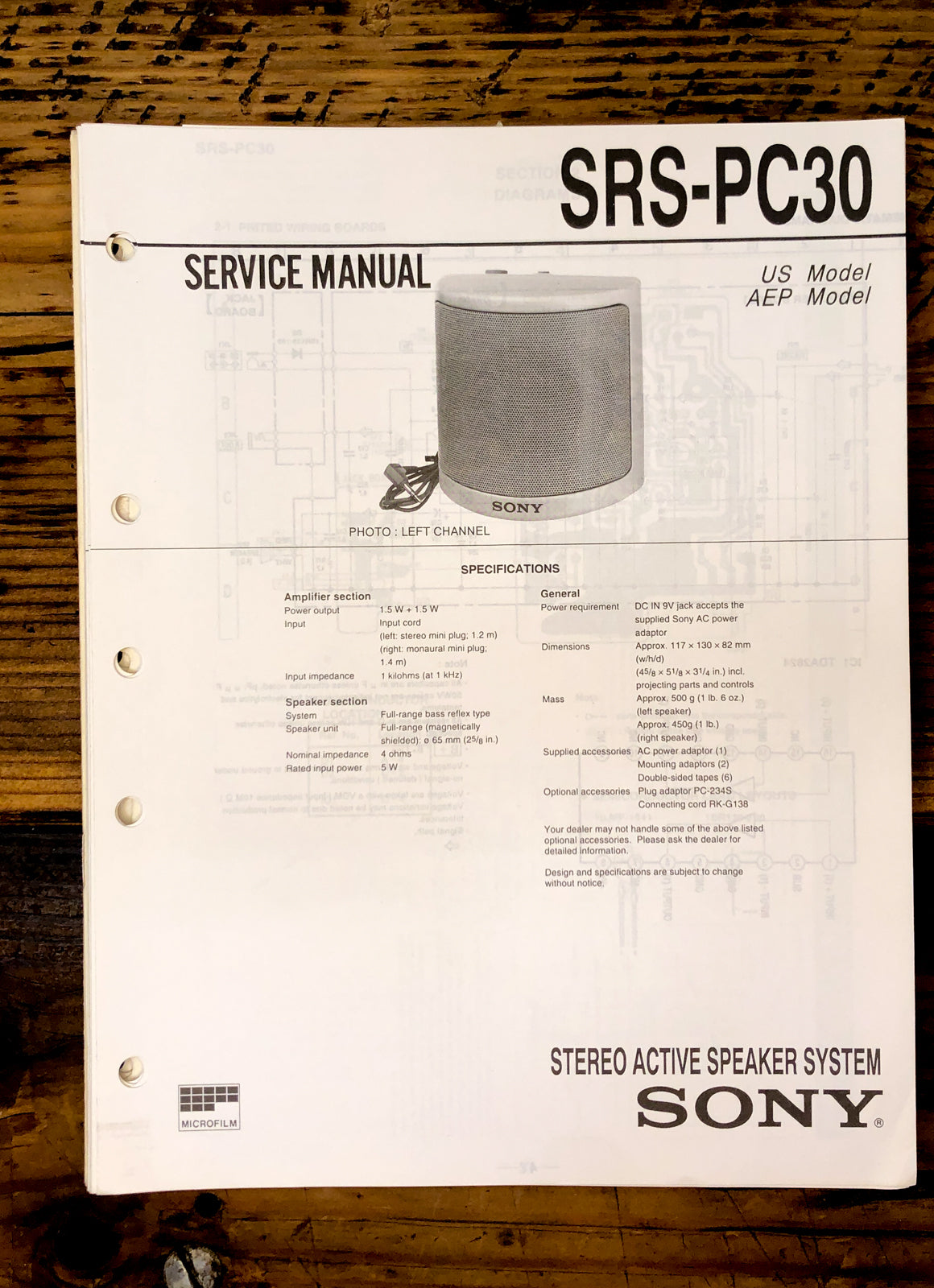 Sony SRS-PC30 Speaker Service Manual *Original*