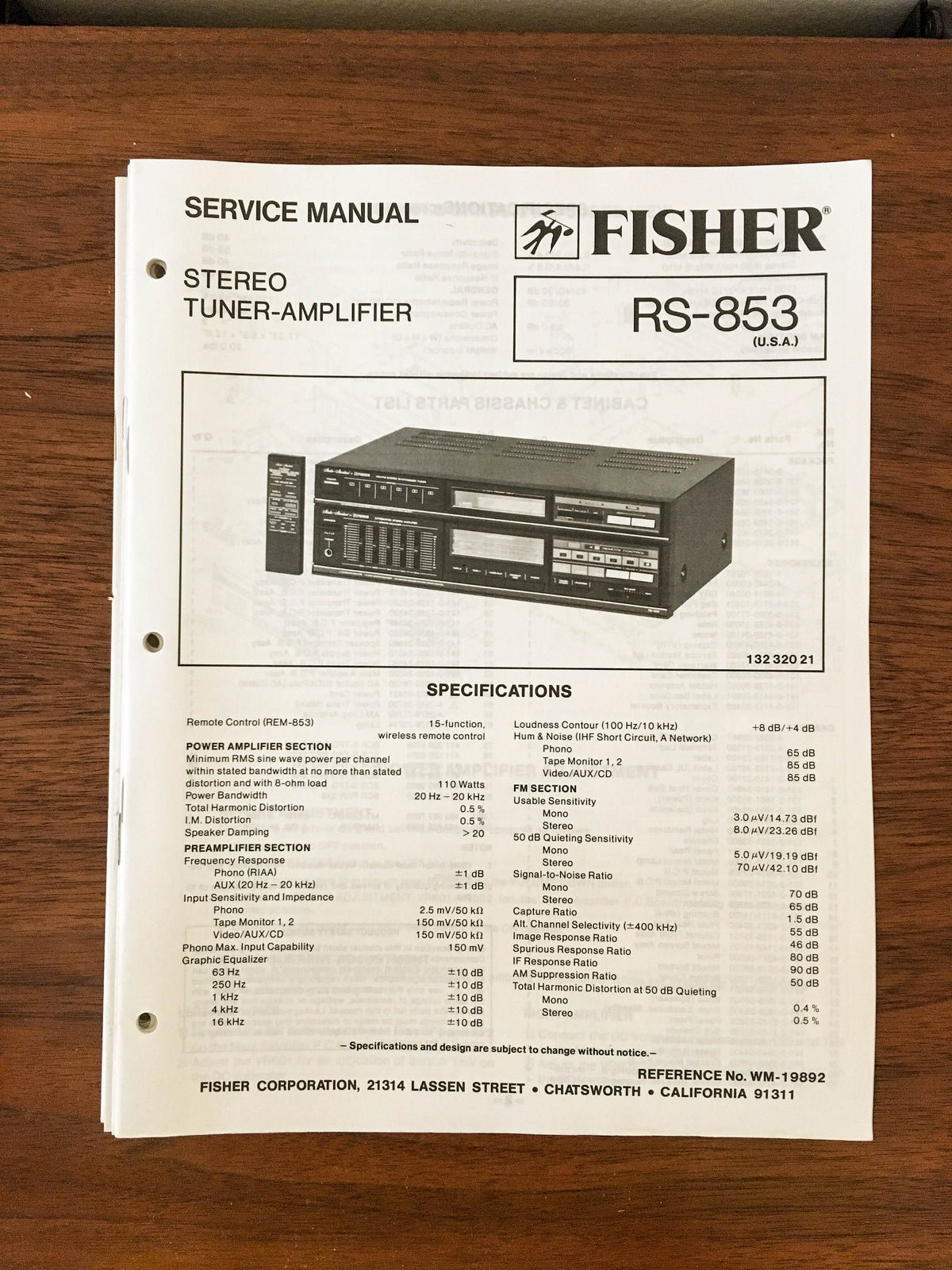 Fisher RS-853 Receiver Service Manual *Original*