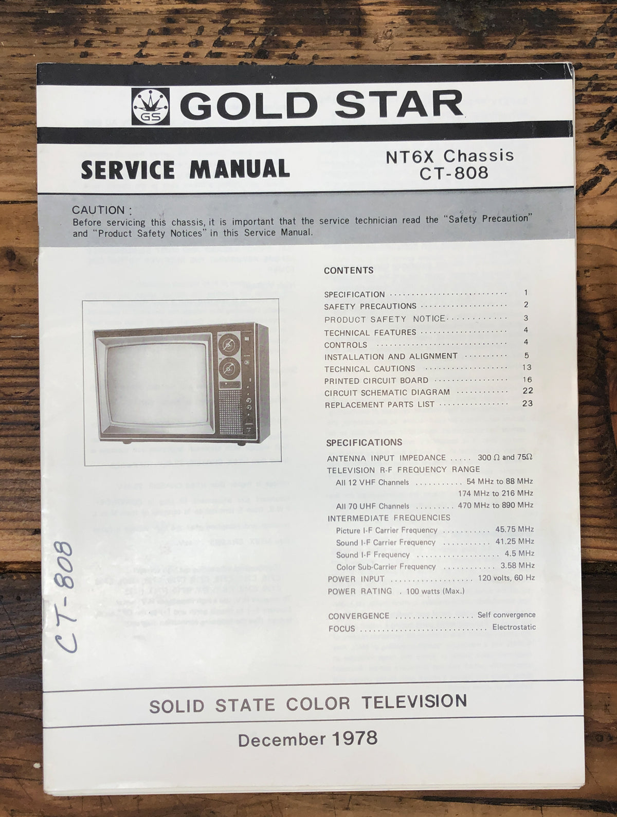 Goldstar CT-808 TV / Monitor Service Manual *Original*
