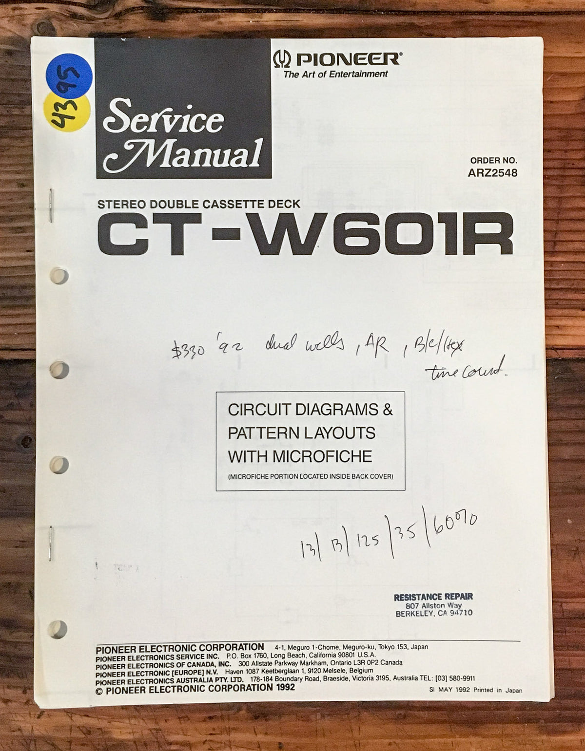 Pioneer CT-W601R Cassette Deck Service Manual *Original*