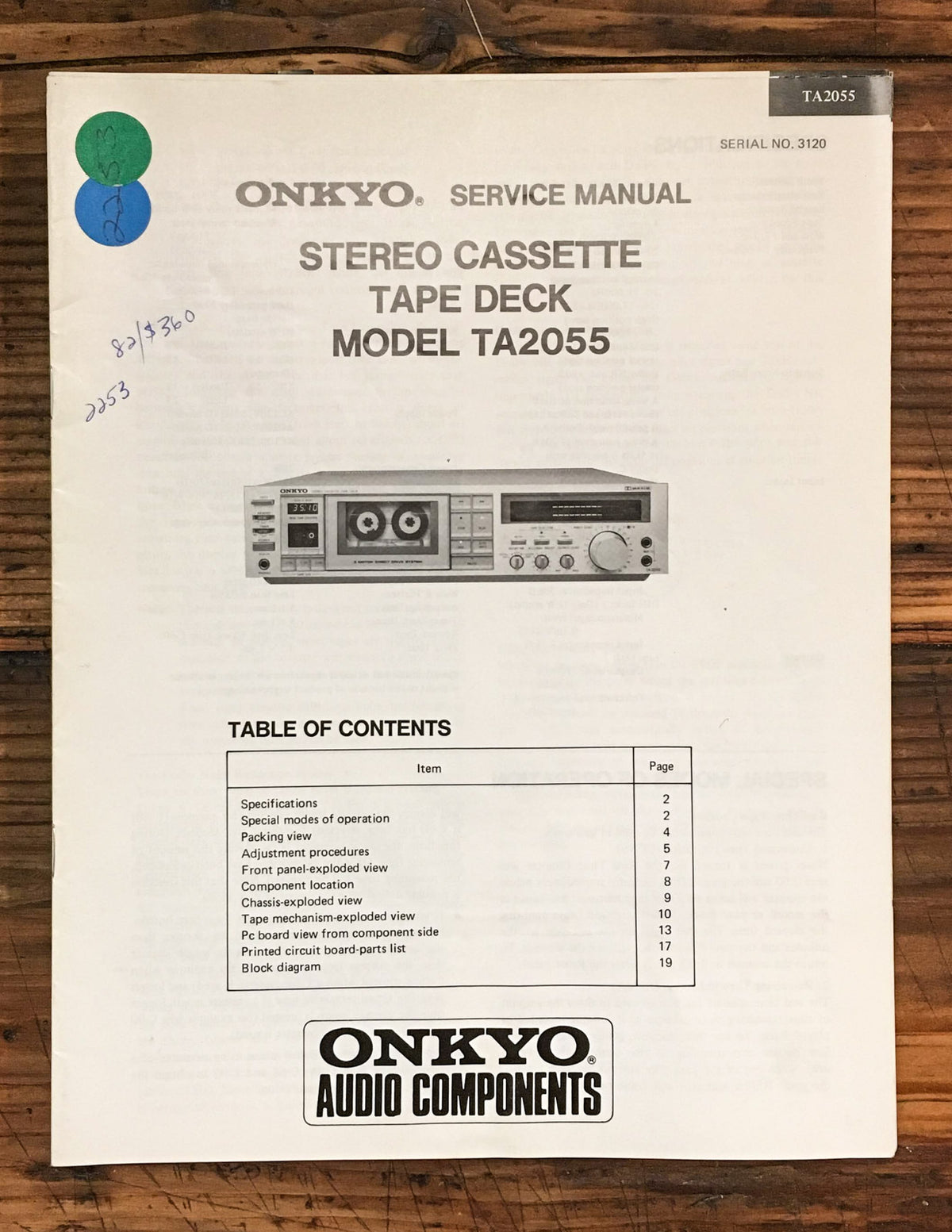 Onkyo TA-2055 Cassette Service Manual *Original*