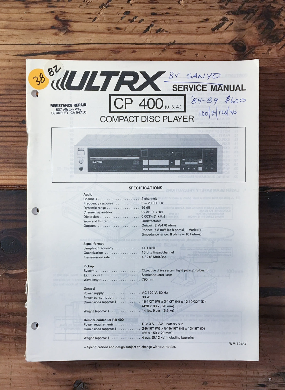 Sanyo ULTRX CP 400 CD Player Service Manual *Original*