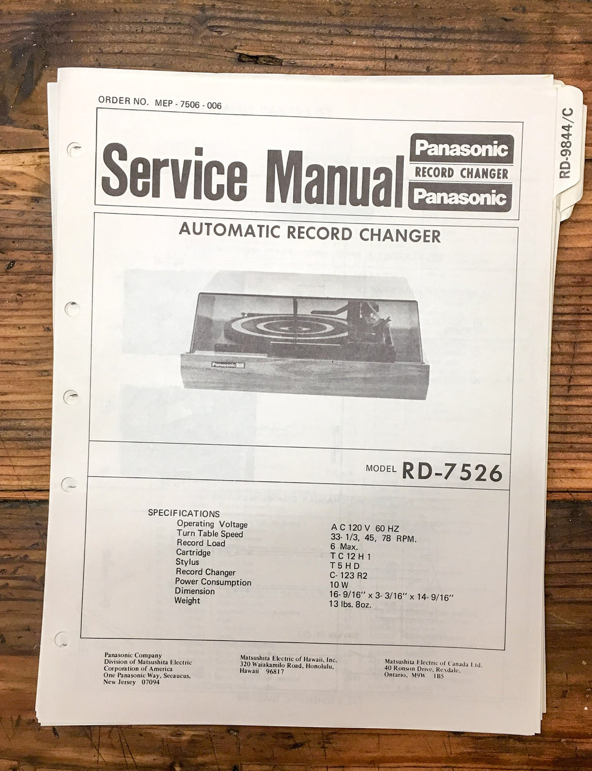 Panasonic RD-7526 Record Player Service Manual *Original*
