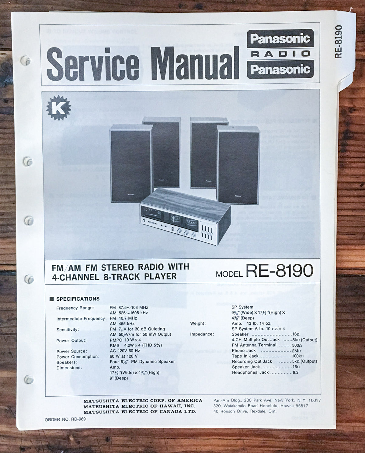 Panasonic RE-8190 Radio Service Manual *Original*