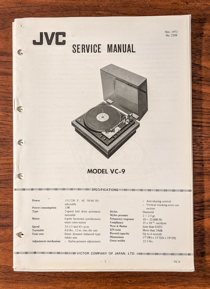 JVC VC-9 Record Player / Turntable Service Manual *Original*