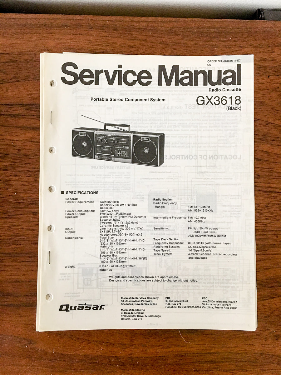 Quasar / Technics GX-3618 Radio Cassette Service Manual *Original*