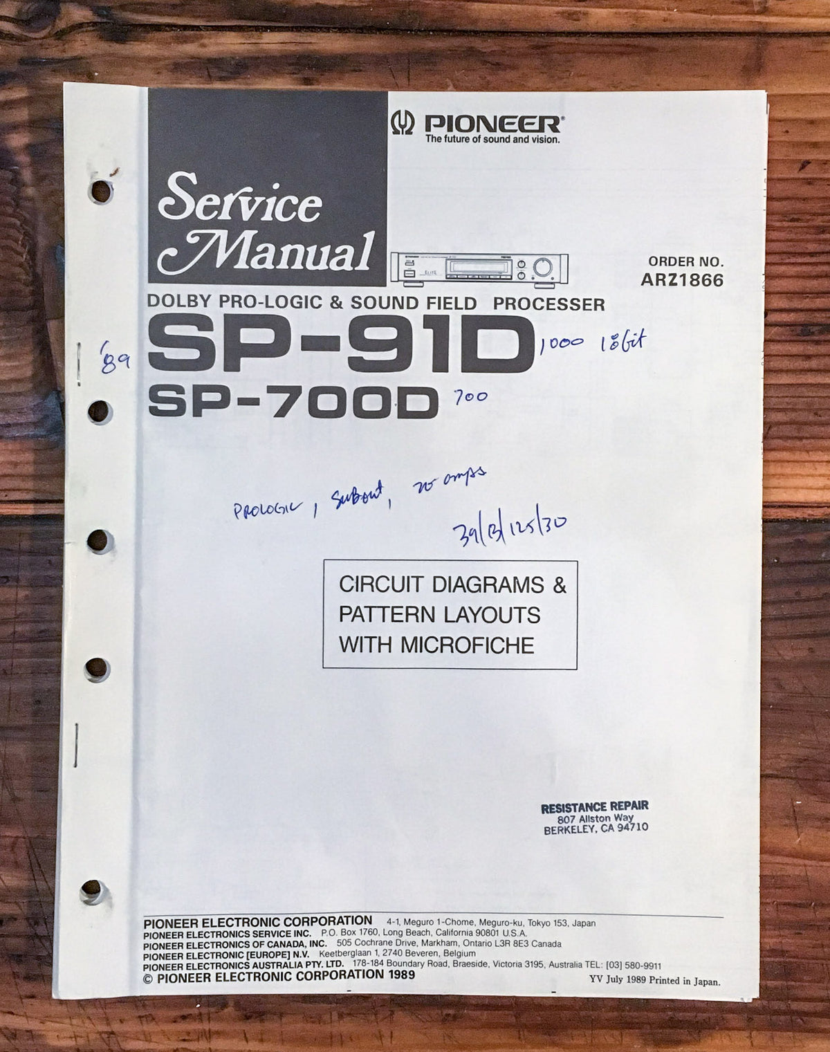 Pioneer SP-91D SP-700D Pro Logic Processor Service Manual *Original*