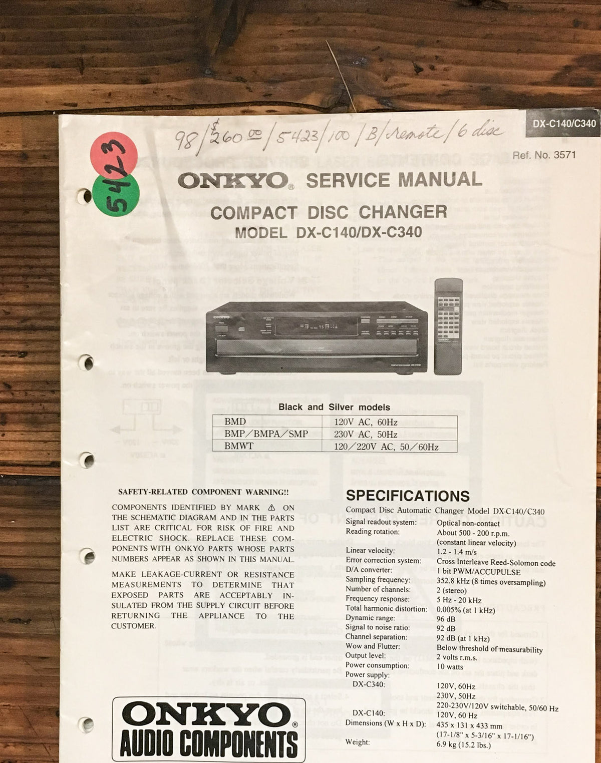 Onkyo DX-C140 DX-C340 CD Player Service Manual *Original*