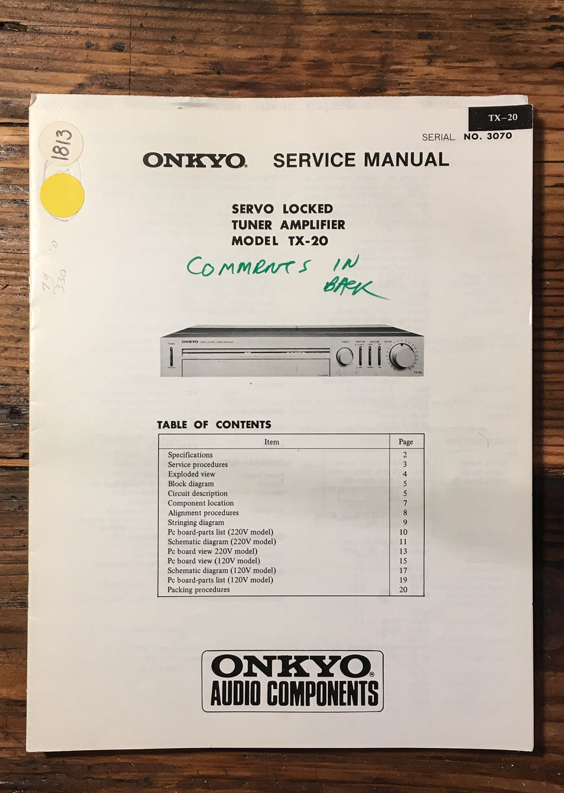 Onkyo TX-20 Tuner Amplifier Service Manual *Original*