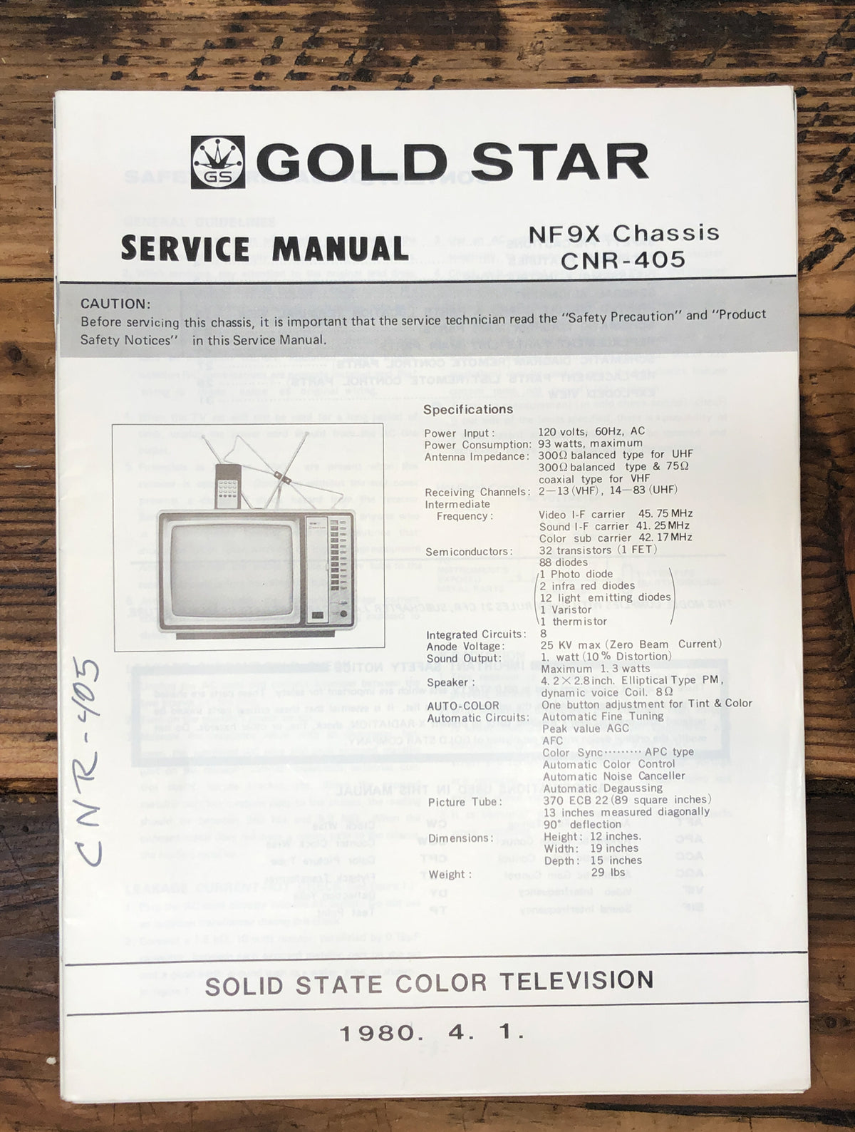 Goldstar CNR-405 TV / Monitor Service Manual *Original*