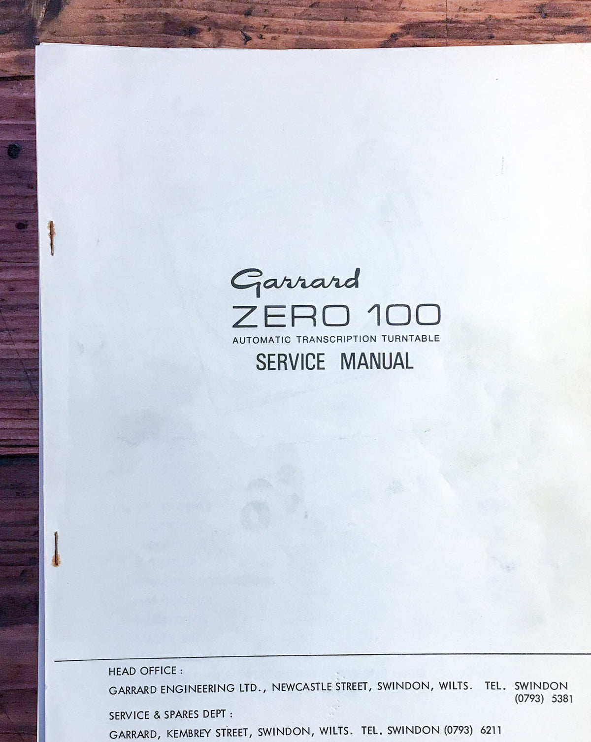 Garrard Zero 100 Record Player Service Manual *Original*