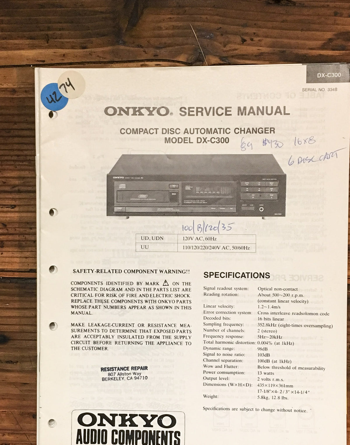 Onkyo DX-C300 CD Player Service Manual *Original*