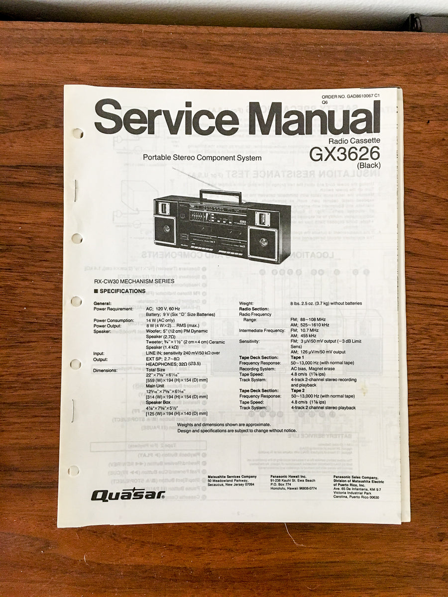 Quasar / Technics GX-3626 Radio Cassette Service Manual *Original*