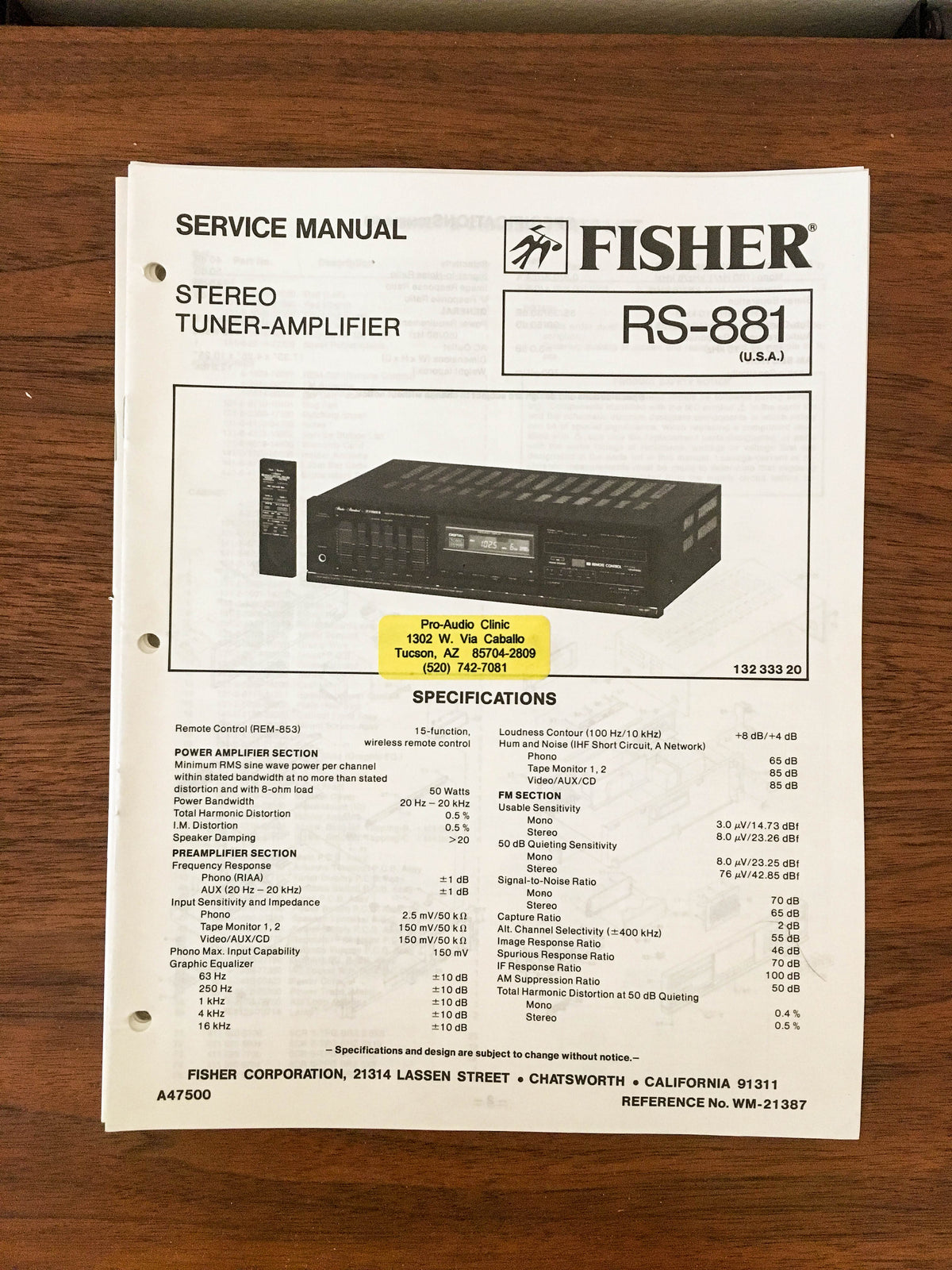 Fisher RS-881 Receiver Service Manual *Original*