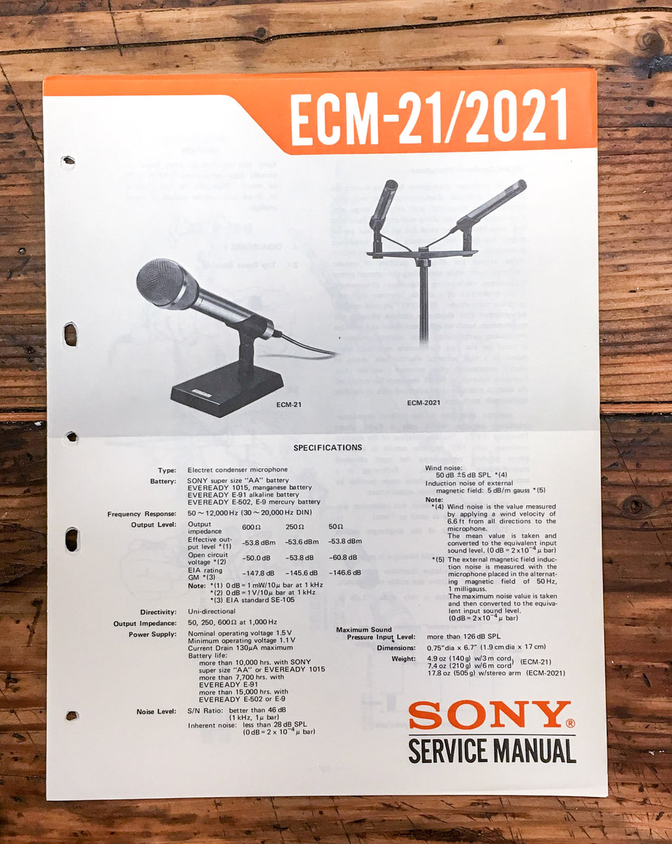 Sony ECM-21 ECM-2021 Microphone Service Manual *Original* – Vintage ...