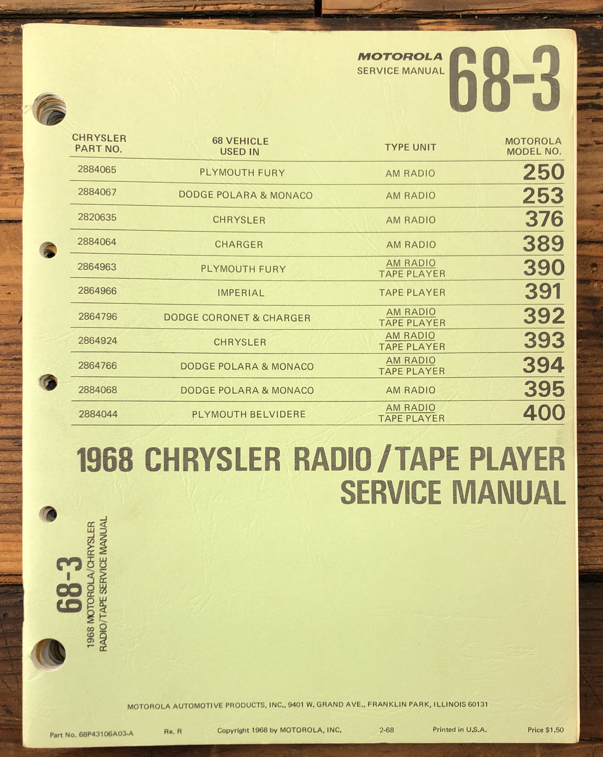 Motorola / Chrysler 1968 Car Stereo Model 250 253 376 400 Service Manual *Orig*
