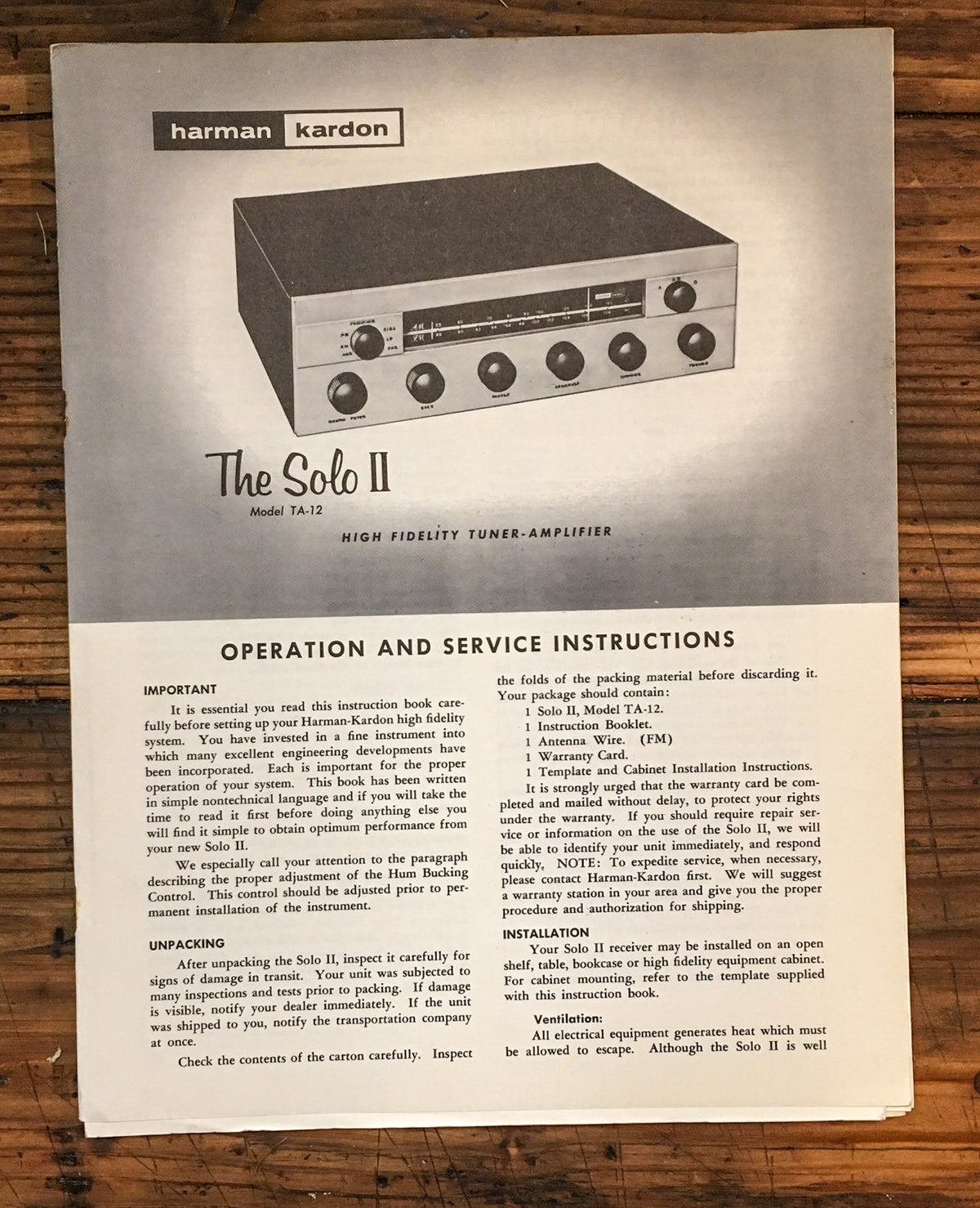Harmon Kardon TA-12 Solo II Tuner Amplifier User & Service Manual *Orig*