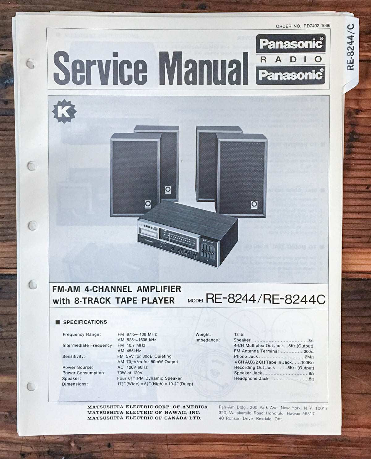 Panasonic RE-8244 RE-8244C Radio Service Manual *Original*