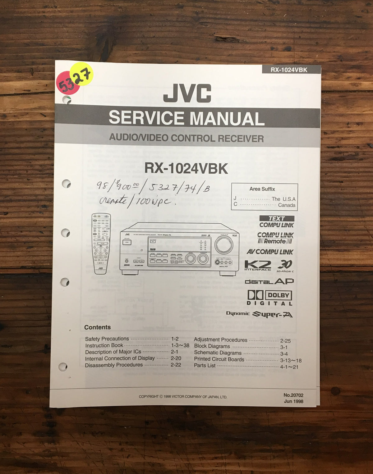 JVC RX-1024 RX-1024VBK Receiver Service Manual *Original*