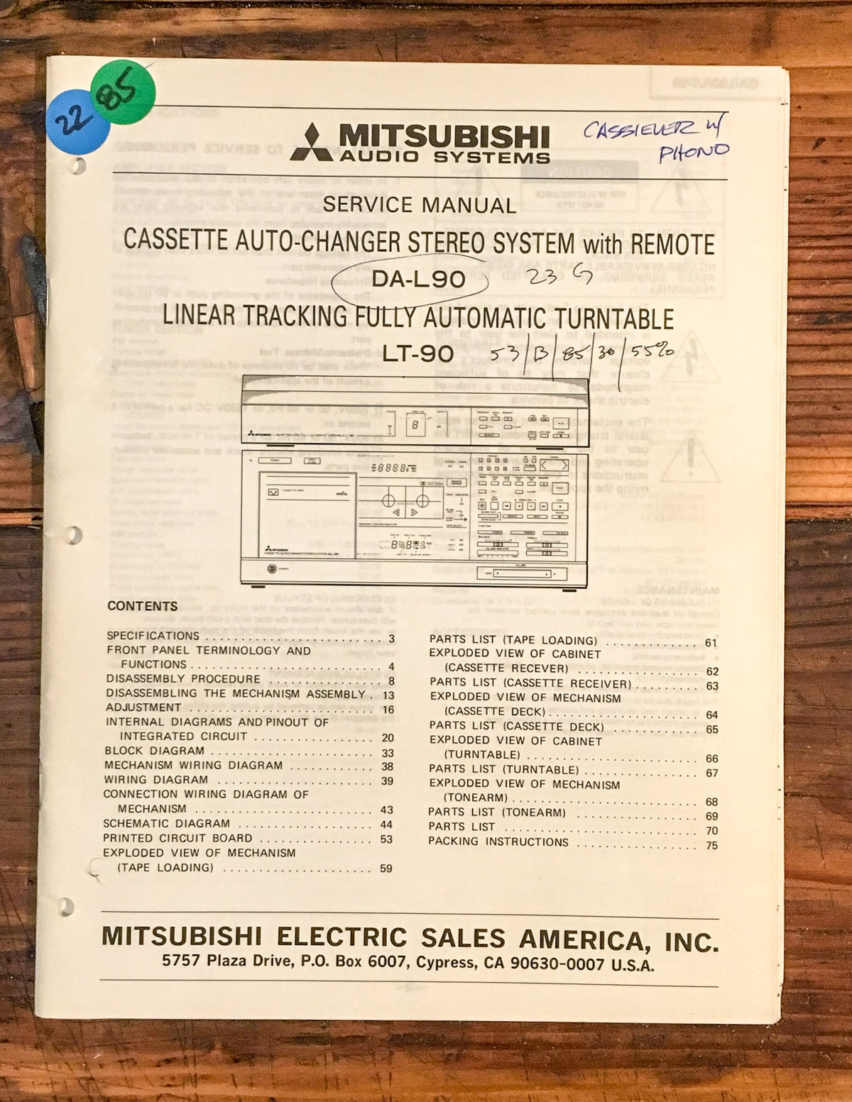 Mitsubishi DA-L90 Linear Turntable Stereo Service Manual *Original*