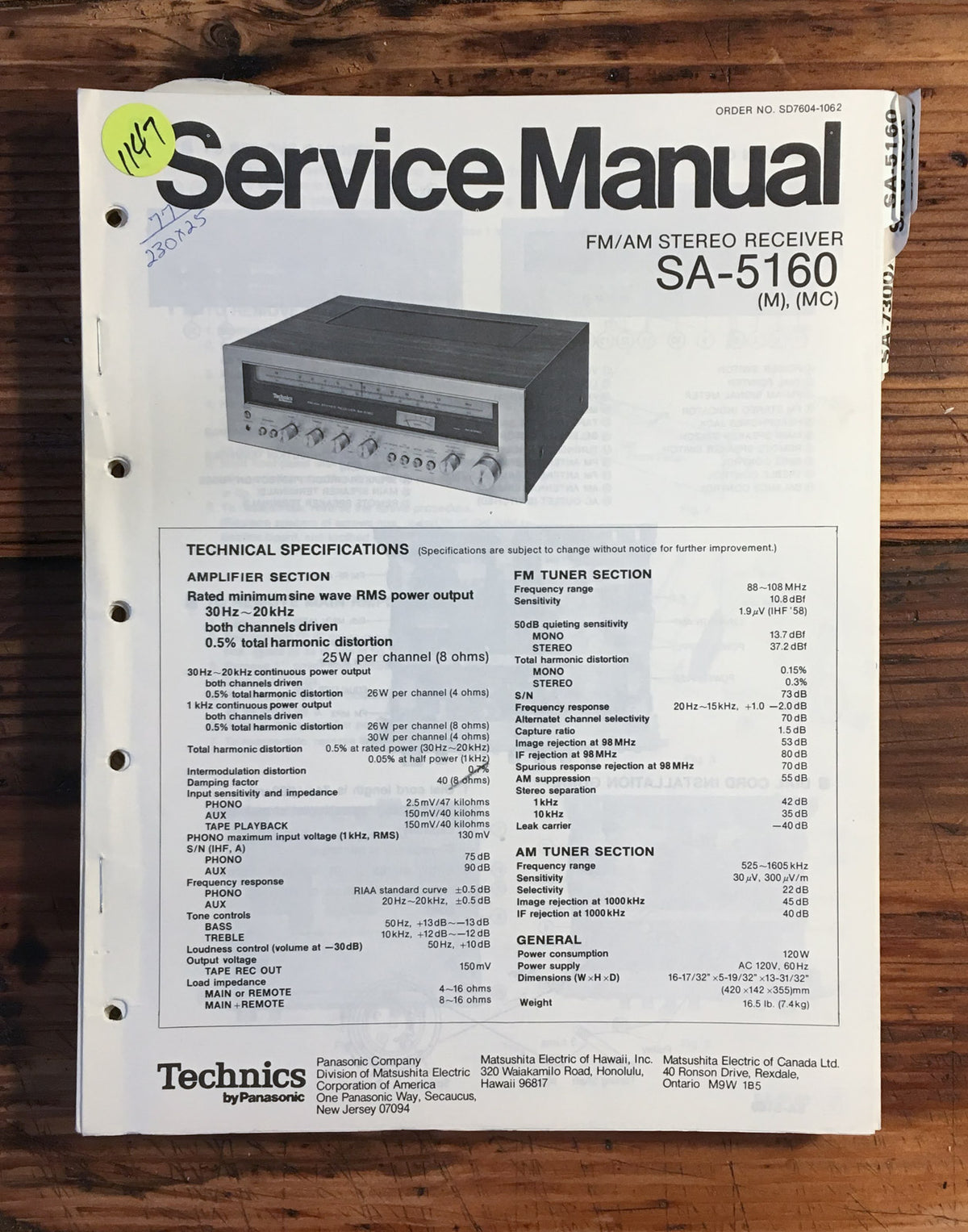 Technics SA-5160 Receiver Service Manual *Original*