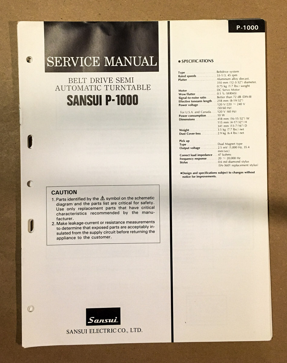 Sansui P-1000 Record Player / Turntable Service Manual *Original*