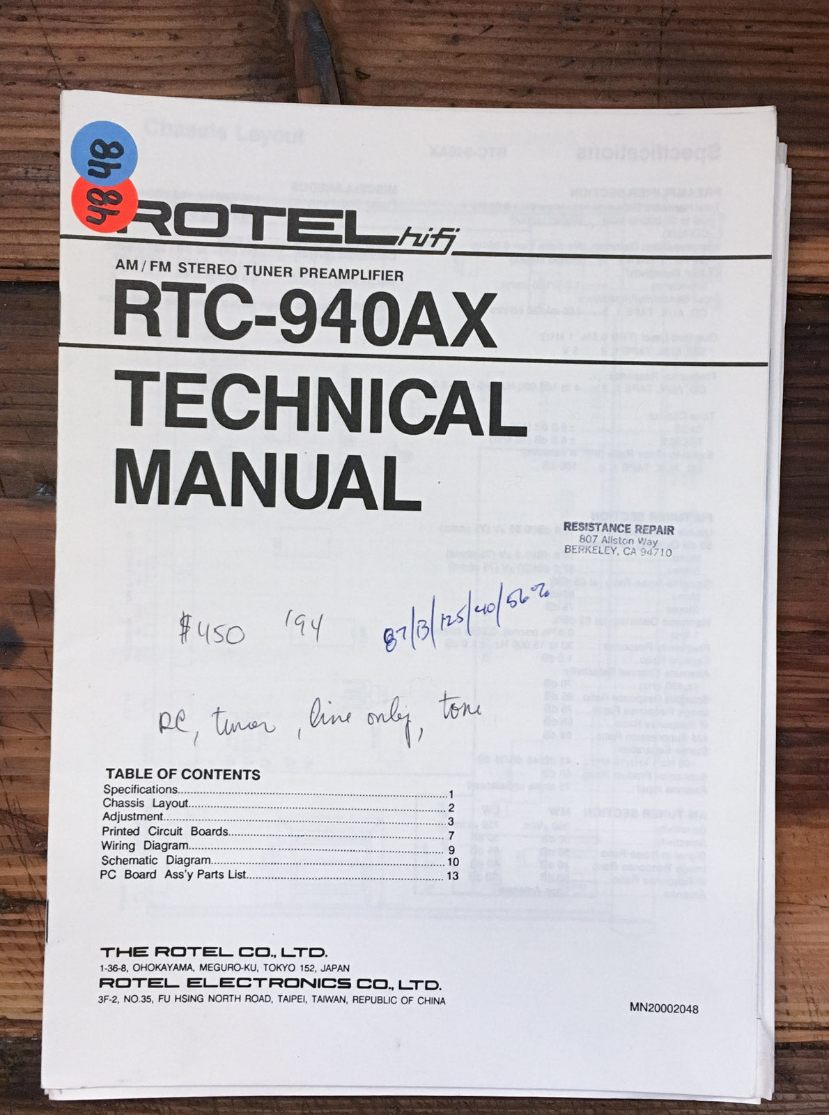 Rotel RTC-940AX Tuner Preamplifier Service Manual *Original*