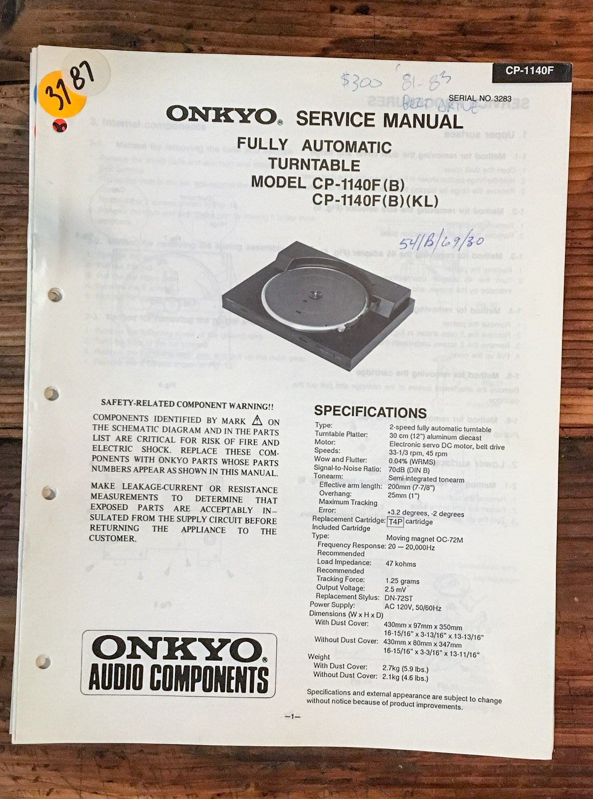 Onkyo CP-1140F Record Player / Turntable Service Manual *Original*