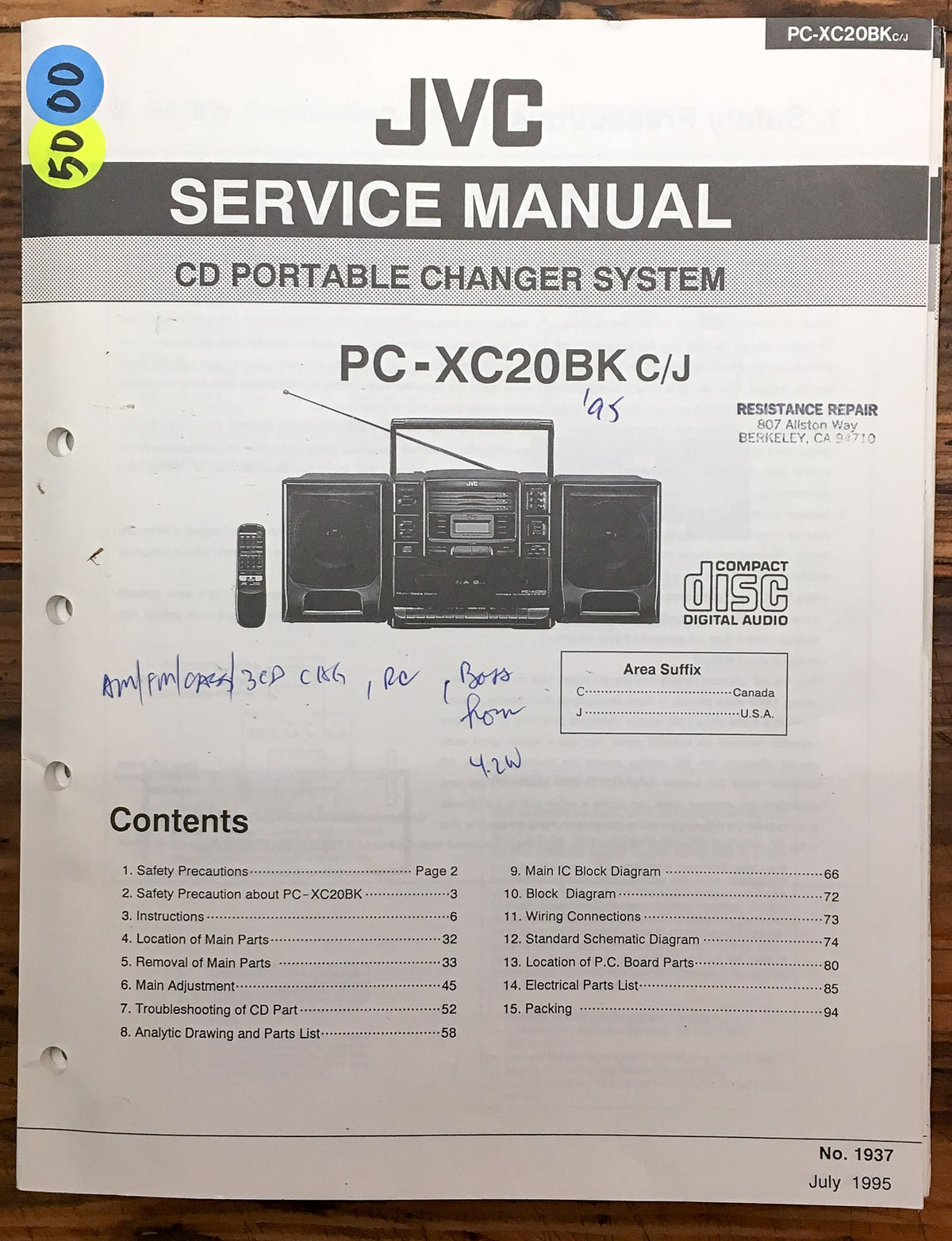 JVC PC-XC20 BK Stereo Service Manual *Original*