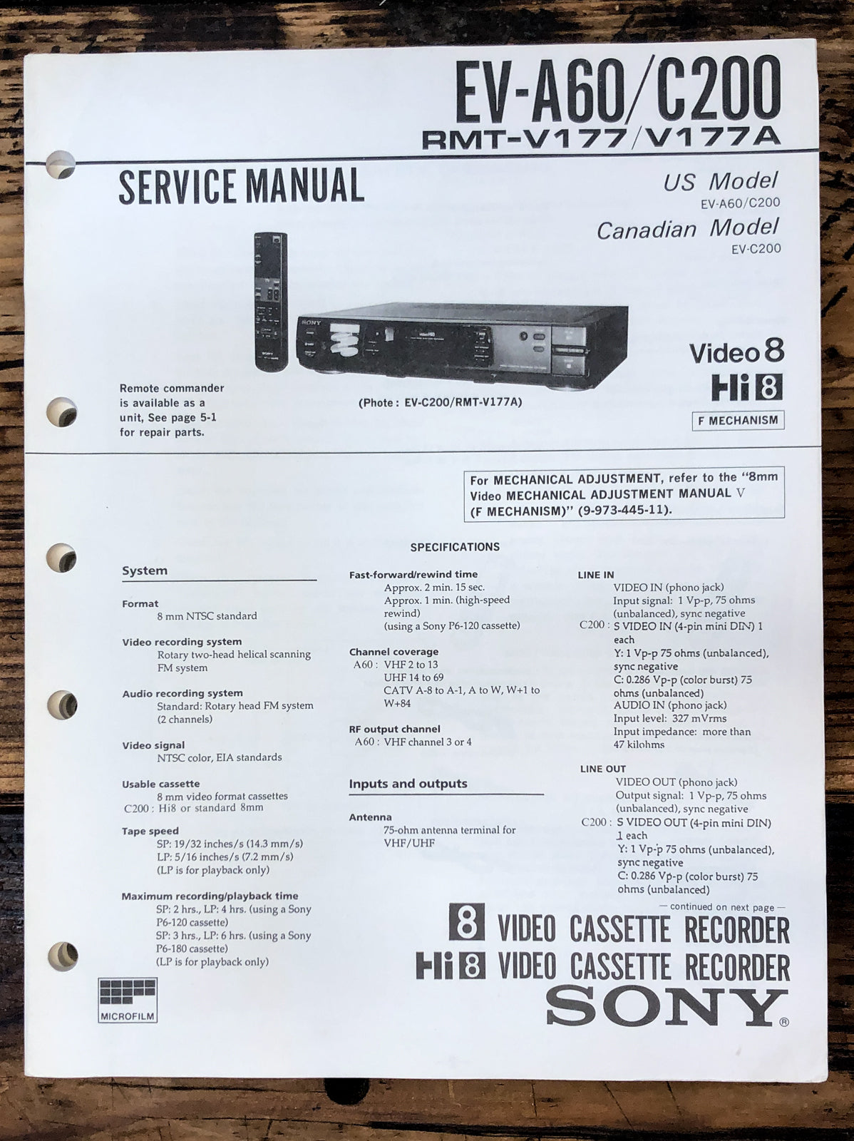 Sony EV-A60 EV-C200 Video 8 VCR Service Manual *Original*