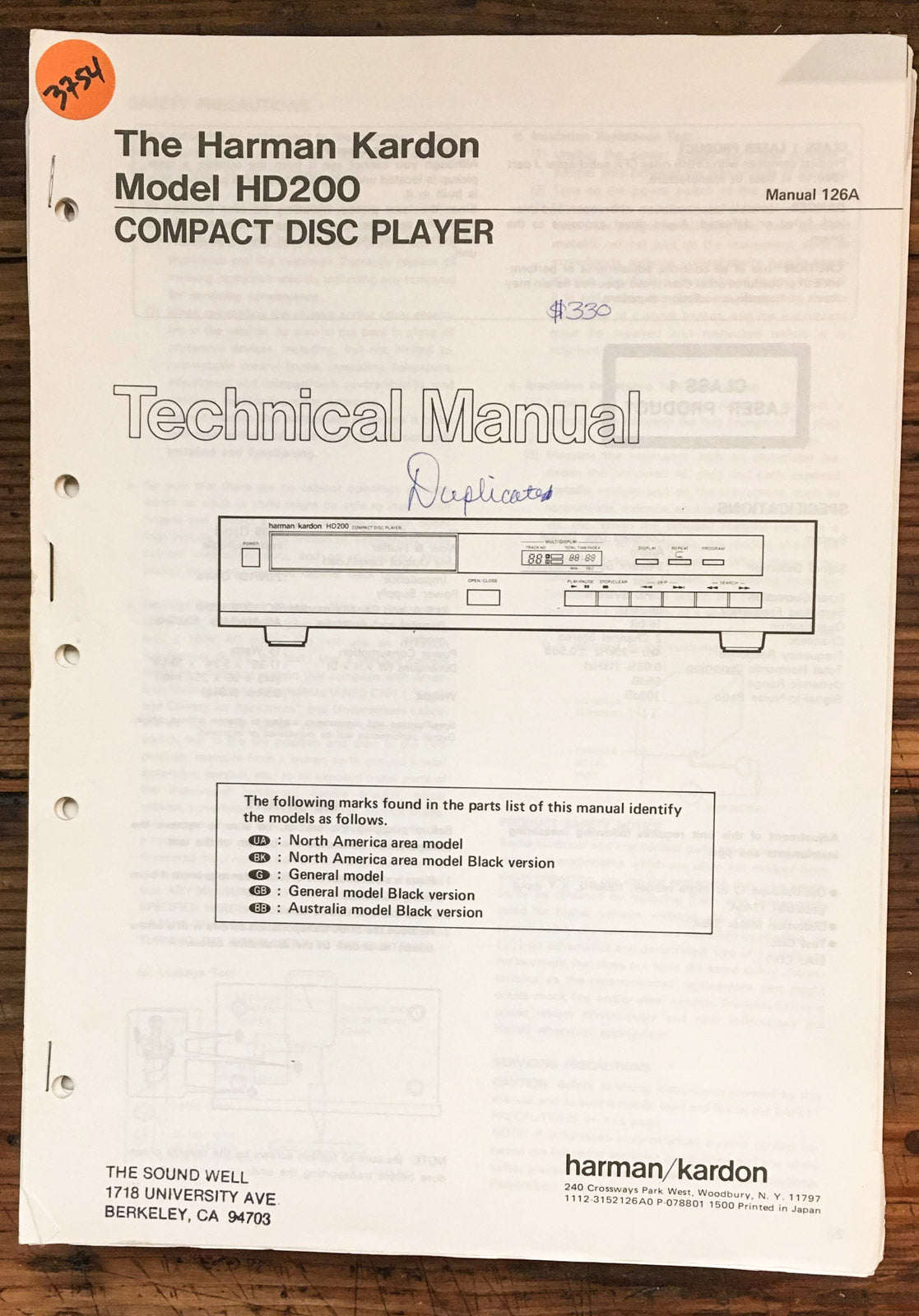Harman Kardon HD200 HD-200 CD Player Service Manual *Original*