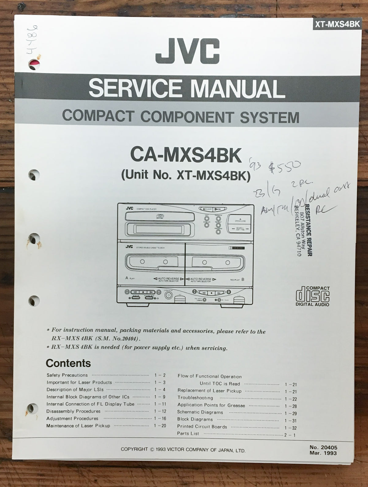 JVC XT-MXS4 BK Stereo Service Manual *Original*
