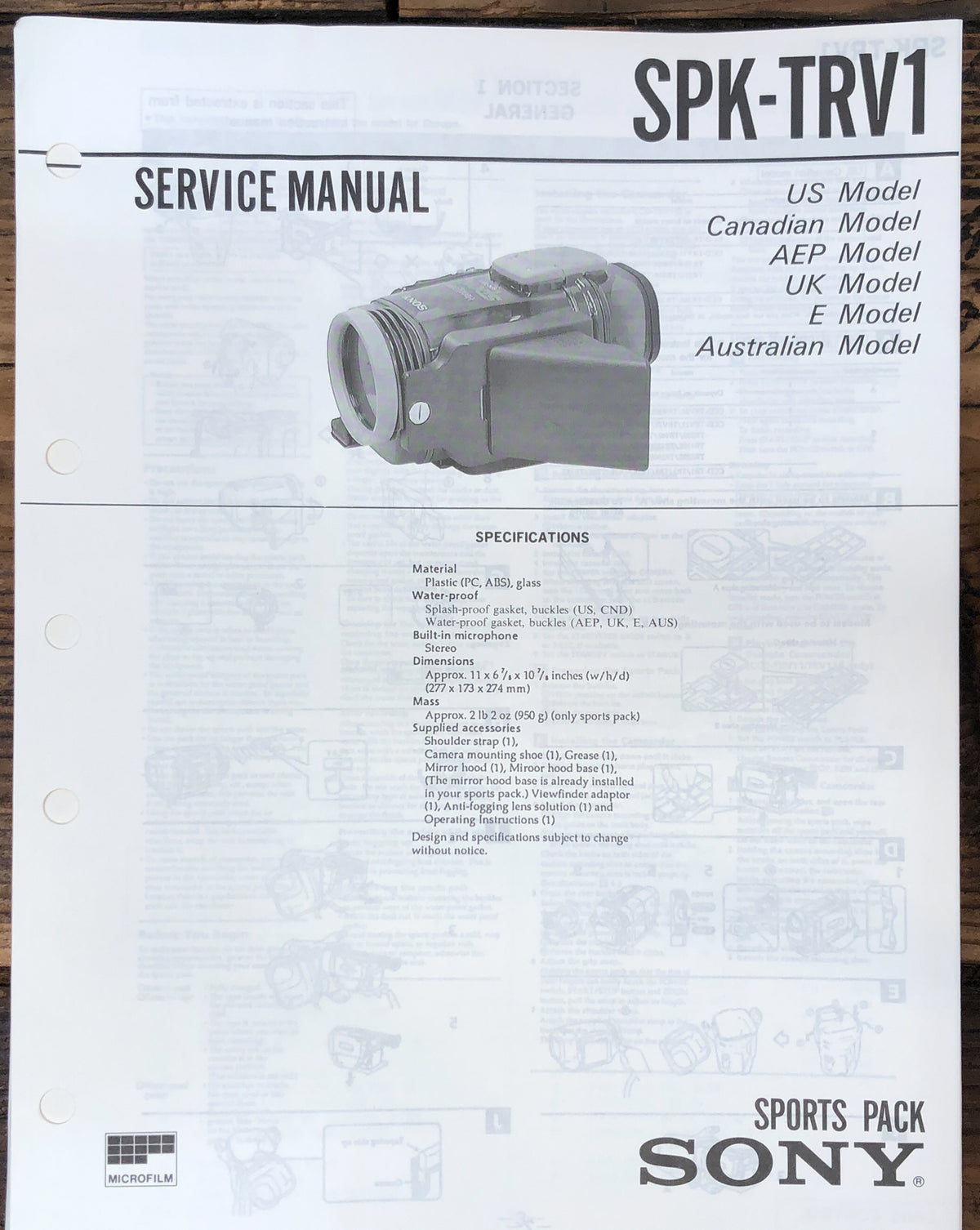 Sony SPK-TRV1 Sports Pack Service Manual *Original*