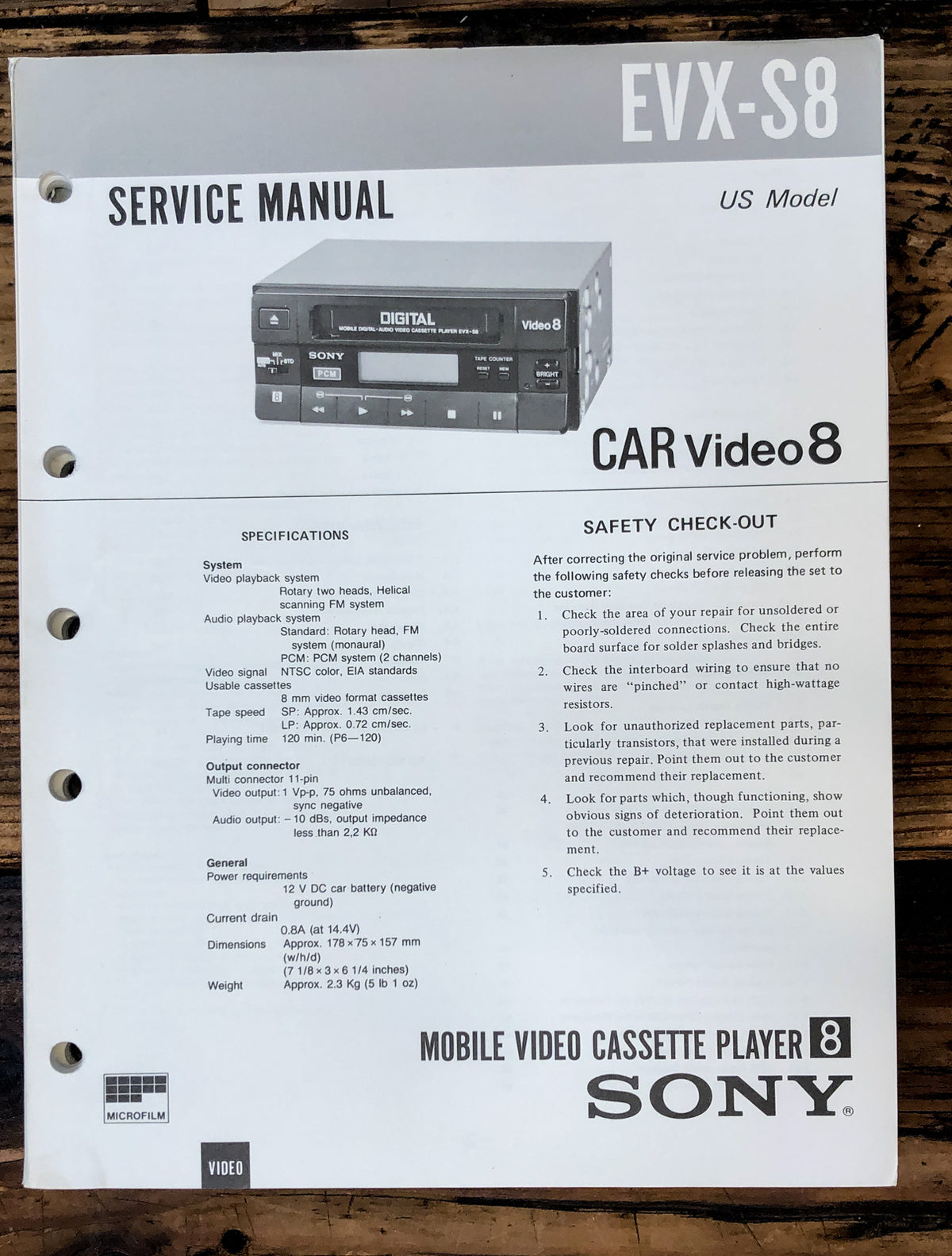 Sony EVX-S8 CAR Video 8 Service Manual *Original*