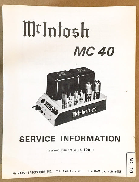 McIntosh MC40 MC-40 Tube Amplifier Service Manual *Original* #2
