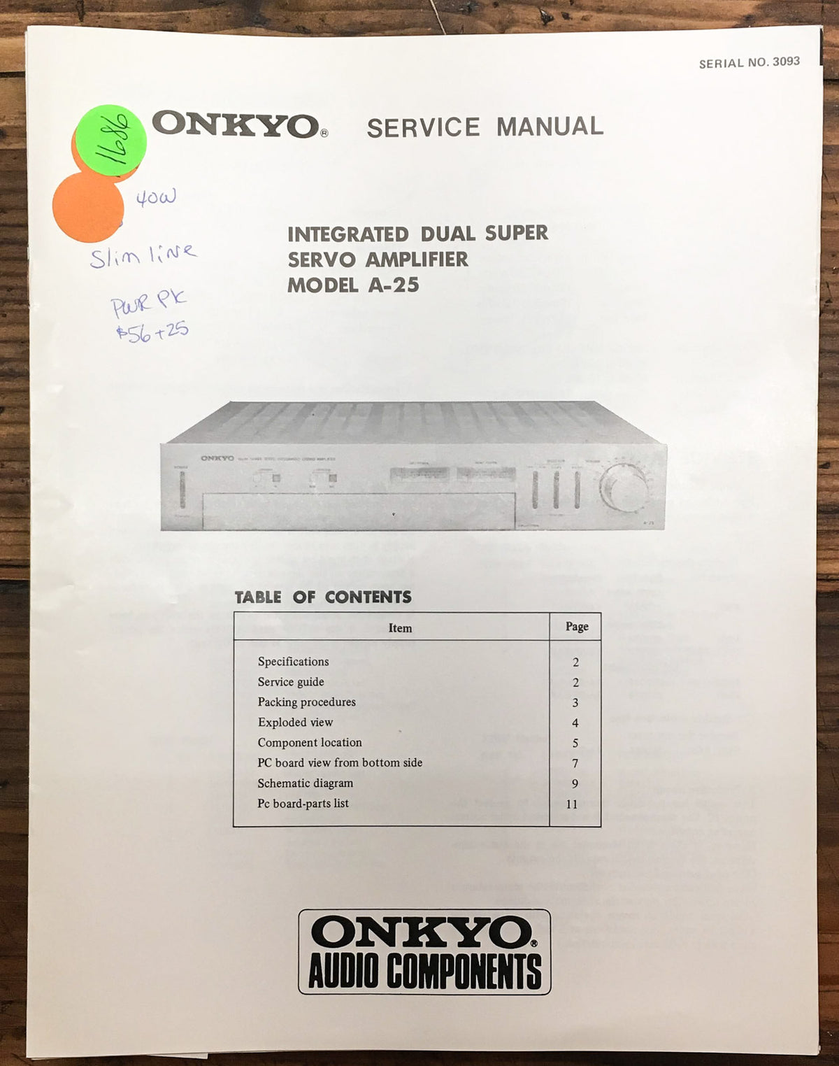 Onkyo A-25 Amplifier Service Manual *Original*